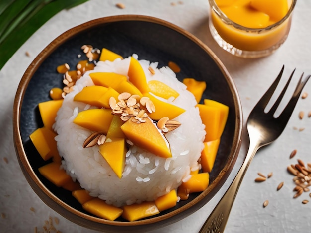 Photo a bowl of rice with a bowl of rice and a bowl of coconut and a fork