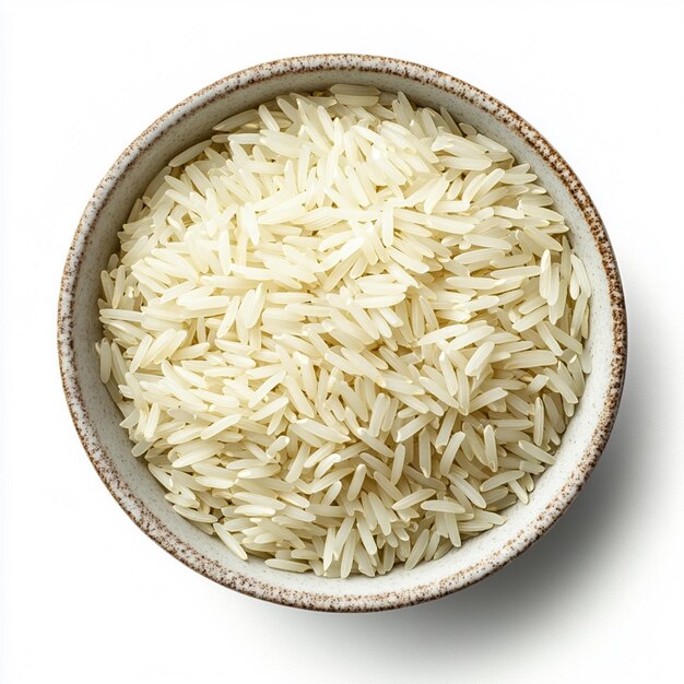 Photo a bowl of rice with a brown rim and a white background