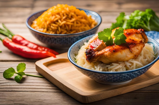 A bowl of rice with a chicken on it and a bowl of chili on the side.