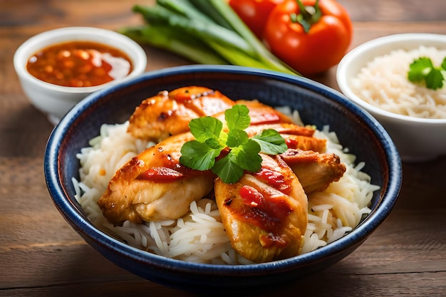 A bowl of rice with chicken on it