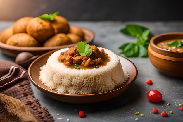 A bowl of rice with chicken and red pepper on the side