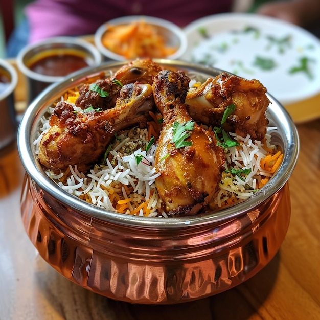 Photo a bowl of rice with chicken and rice and sauces on it