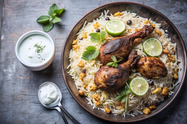 Photo a bowl of rice with chicken and rice with a spoon next to it