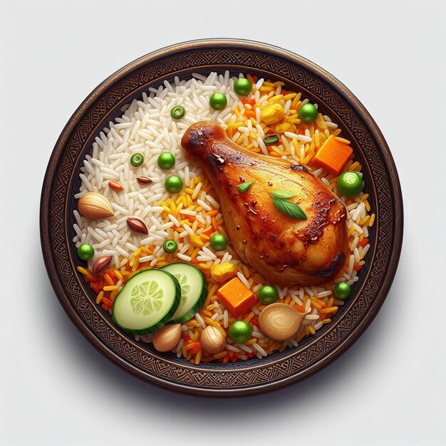 a bowl of rice with a chicken and vegetables on it