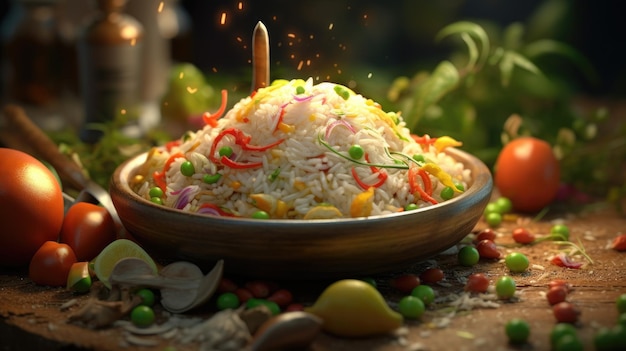 A bowl of rice with colorful vegetables on it