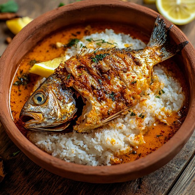 Photo a bowl of rice with fish and lemon on top of it