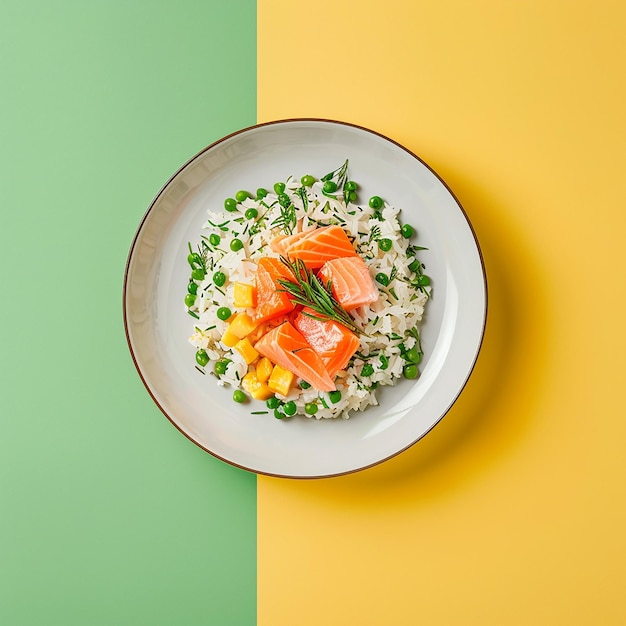 Photo a bowl of rice with a fish on the side and a green background