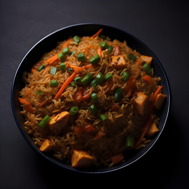 A bowl of rice with green onions and carrots on top.