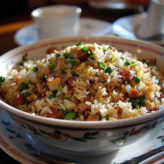 a bowl of rice with a green vegetable and rice