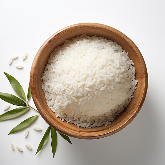 Photo a bowl of rice with a leaf and leaves on the table