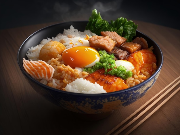 A bowl of rice with meat, meat, and vegetables.