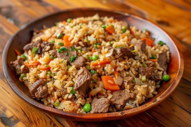 a bowl of rice with meat rice and vegetables