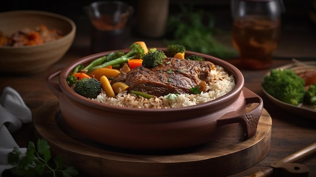 A bowl of rice with meat and vegetables on it