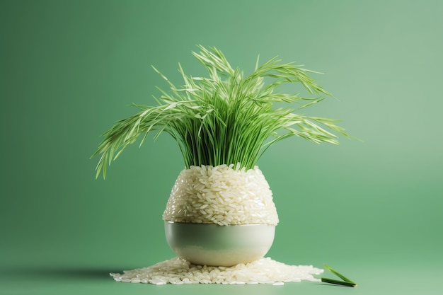 A bowl of rice with a plant growing out of it