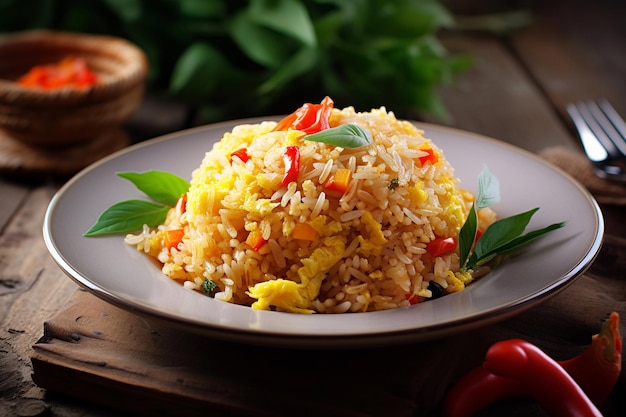 A bowl of rice with red peppers and green leaves on a wooden table.