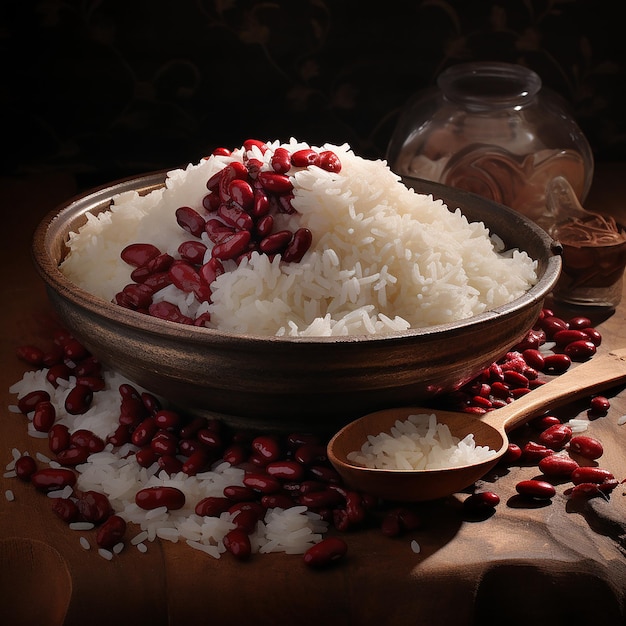 Photo a bowl of rice with rice and beans on a table