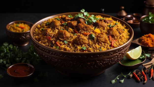 a bowl of rice with rice and vegetables on a table