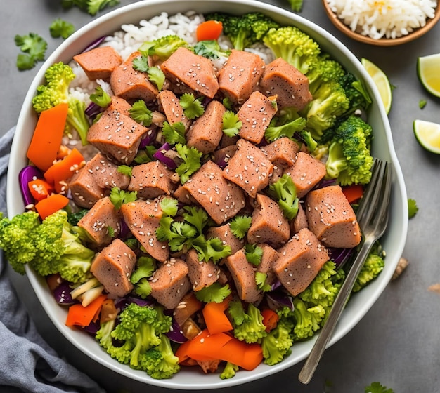 A bowl of rice with salmon, broccoli, and carrots on it.