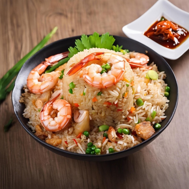 a bowl of rice with shrimp and rice and a bowl of soy sauce