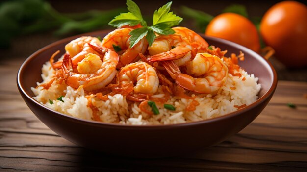 a bowl of rice with shrimp and a tomato