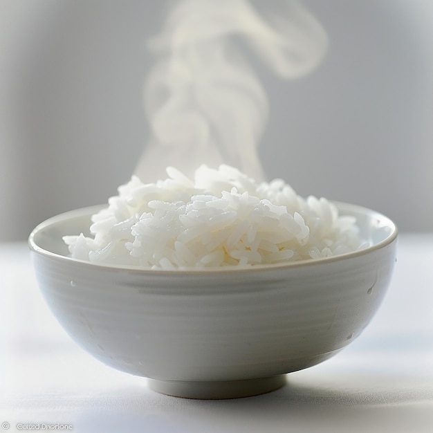 a bowl of rice with steam rising out of it