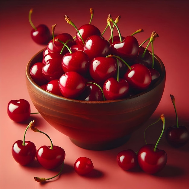 A bowl of ripe cherries a delicious summer fruit for snacking isolated on a plain cherry red backg