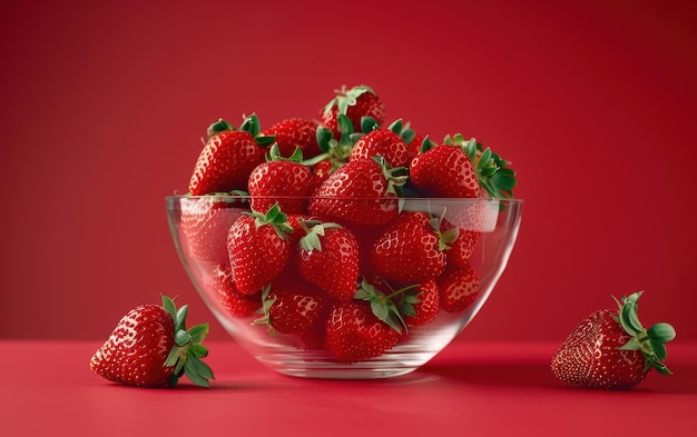 A Bowl of Ripe Red Strawberries on a Vibrant Red Background