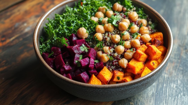 A bowl of roasted sweet potato and quinoa with colorful beetroot kale and chickpeas