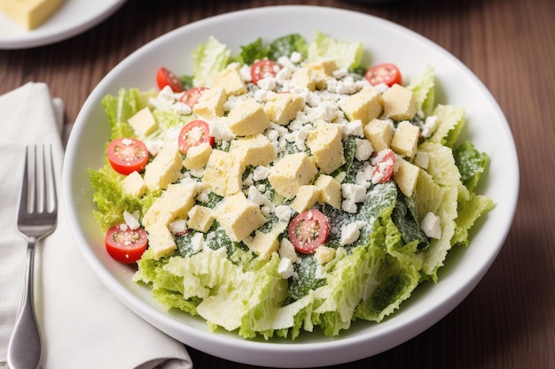 Photo a bowl of romaine lettuce with cheese and feta cheese