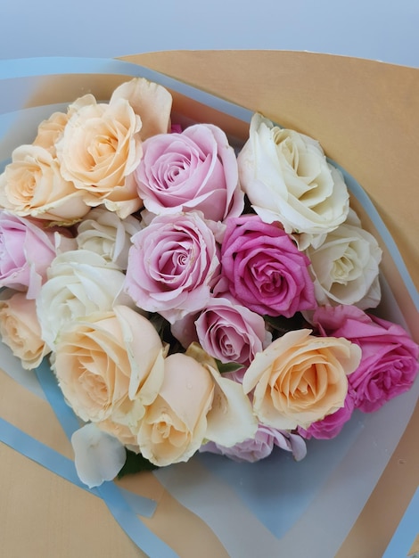 A bowl of roses with a blue stripe on the side.