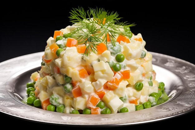 bowl of russian salad olivier with meat and vegetables on a wooden table