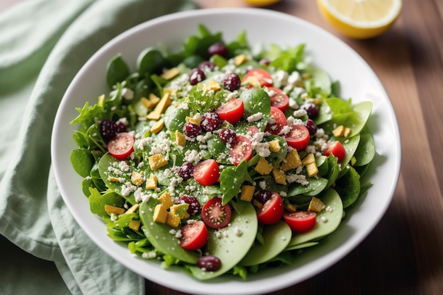 A bowl of salad with avocado, avocado, and feta cheese.