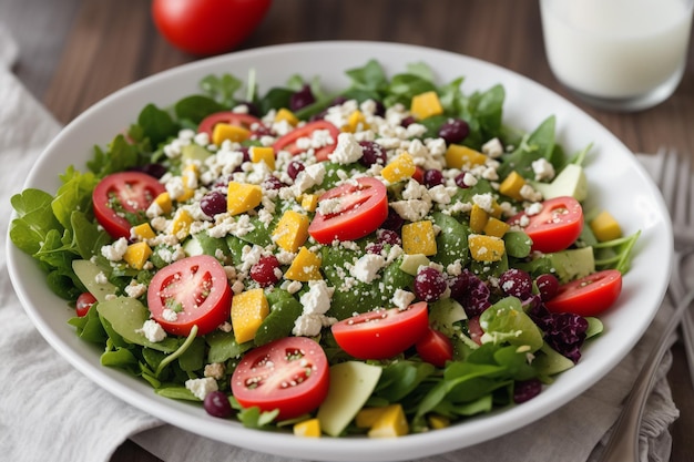 A bowl of salad with avocado, cucumber, tomato, and cucumber.