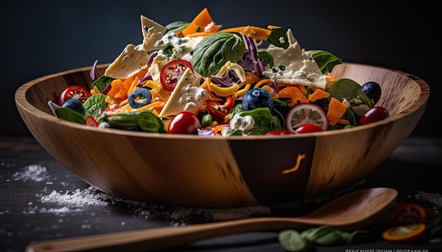 A bowl of salad with a blueberry sauce