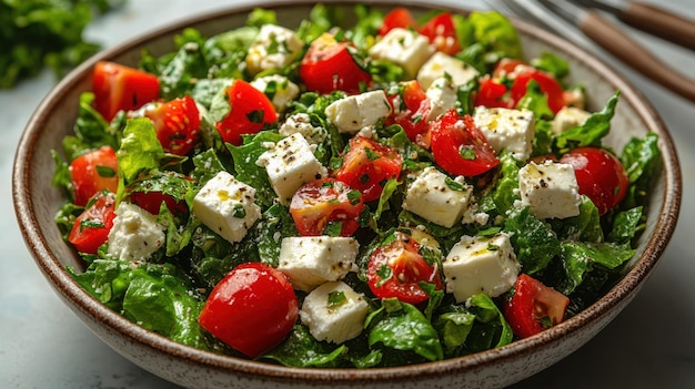 a bowl of salad with a bowl of salad with tomatoes and cheese