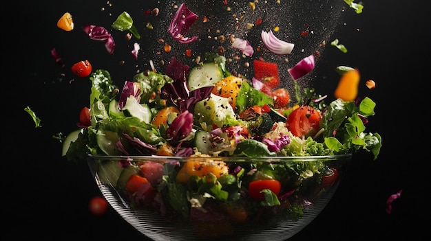 a bowl of salad with a bowl of vegetables and a black background