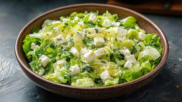 a bowl of salad with cheese and cucumber