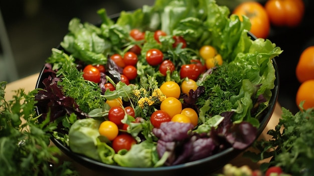 a bowl of salad with cherry tomatoes and a cherry tomato