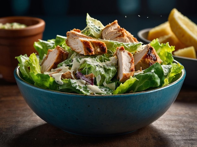 a bowl of salad with chicken and lettuce