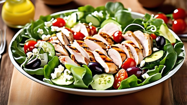 a bowl of salad with chicken vegetables and a salad