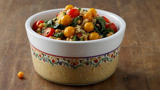 a bowl of salad with a colorful rim