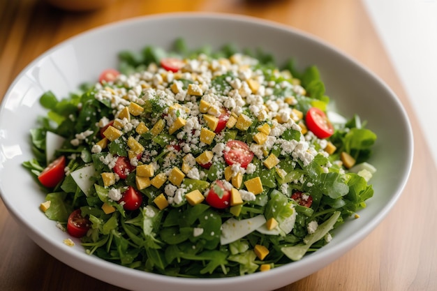 A bowl of salad with corn, cheese, and tomatoes