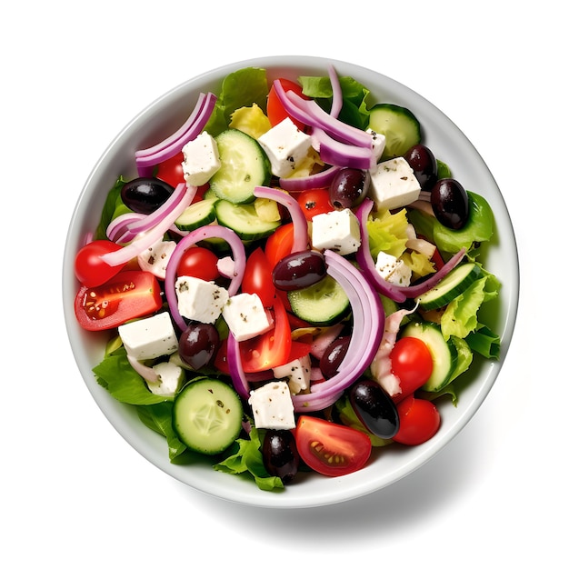 A bowl of salad with cucumber, red onion, feta, and black olives.