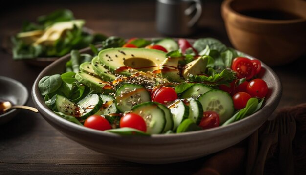 A bowl of salad with cucumber, tomato, and cucumber