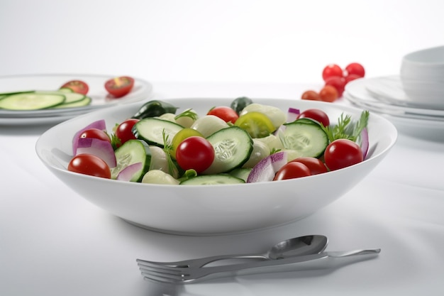 A bowl of salad with cucumbers and red onion