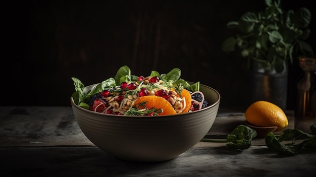 A bowl of salad with a dark background