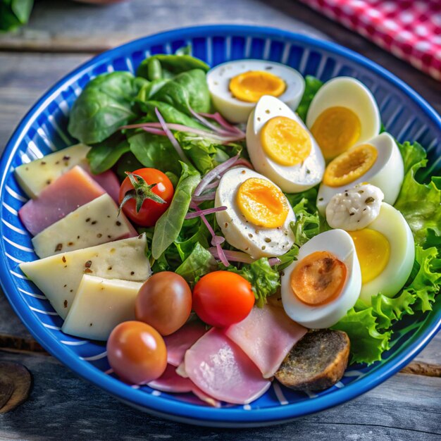 Photo a bowl of salad with eggs cheese and ham