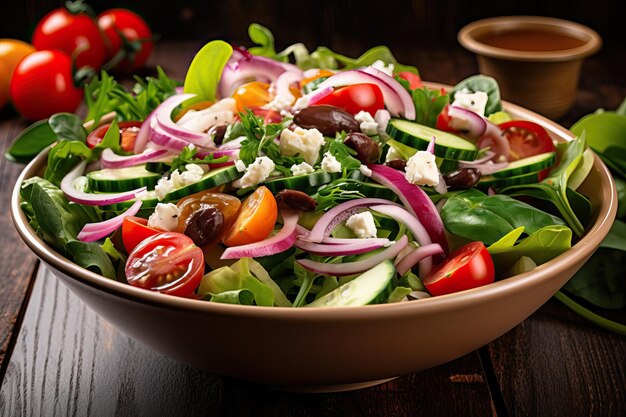 A bowl of salad with feta and cucumber