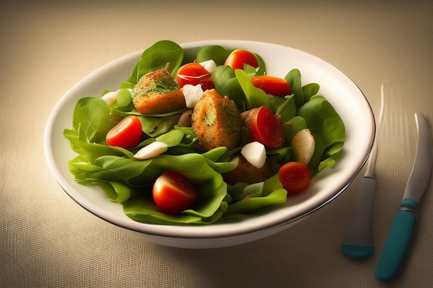 A bowl of salad with a fork on the side