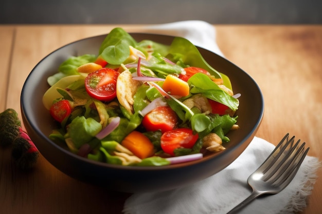 A bowl of salad with a fork on a wooden table.